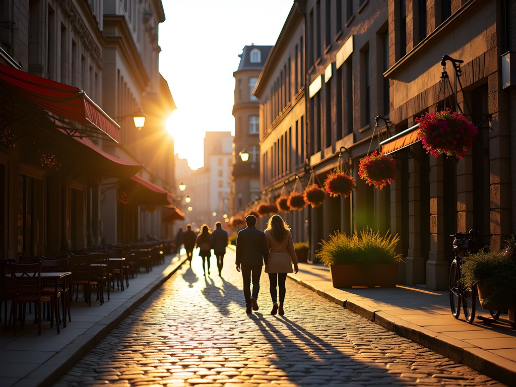 Cobblestone streets of Old Montreal bathed in golden sunset light