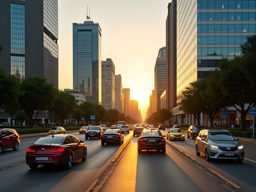 Nairobi central business district with modern skyscrapers and characteristic traffic