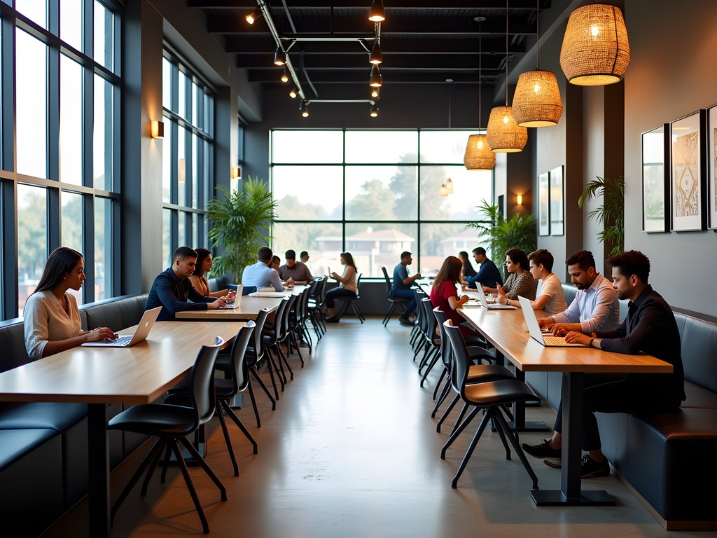 Modern coworking space in Nairobi with African design elements and business professionals