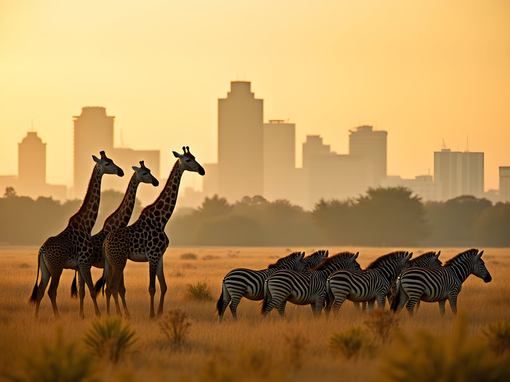 Giraffes and zebras in Nairobi National Park with city skyline visible in background