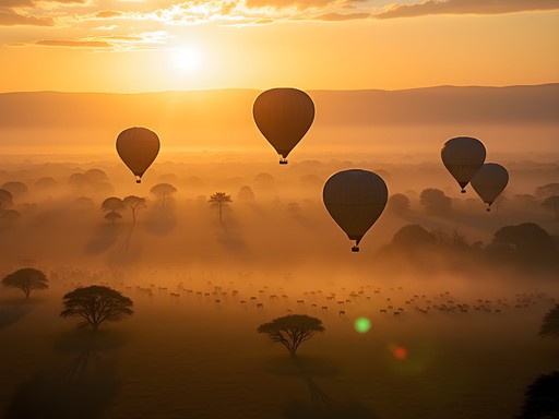 Hot air balloon safari over Maasai Mara at sunrise with wildlife below
