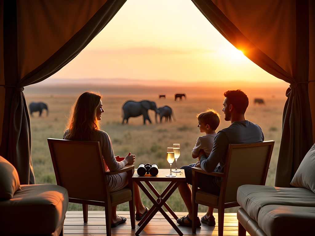 Family enjoying sunset from private deck of luxury safari tent in Maasai Mara