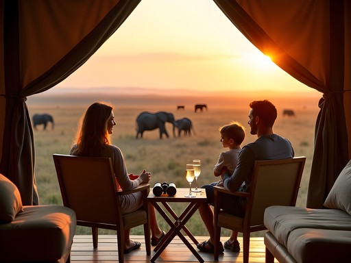 Family enjoying sunset from private deck of luxury safari tent in Maasai Mara