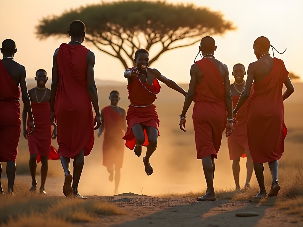 Family participating in traditional Maasai cultural activities with local guides