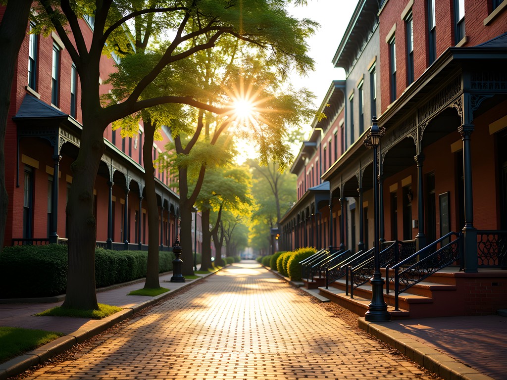 Historic brick buildings and tree-lined streets in Nashville's Germantown neighborhood