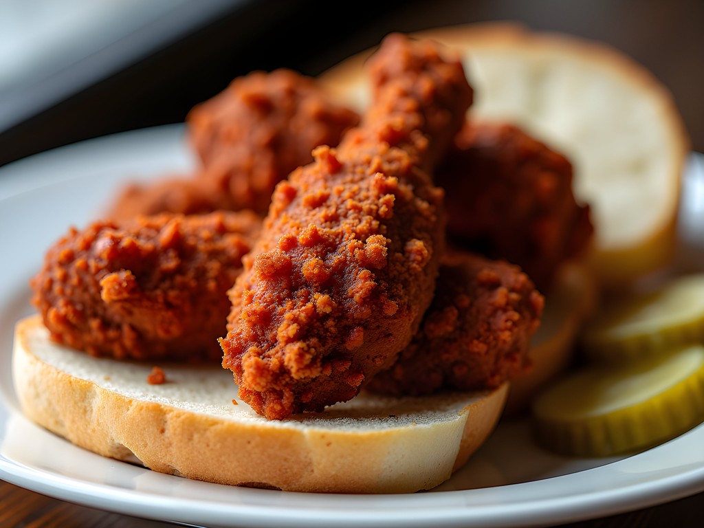 Traditional Nashville hot chicken served with pickle chips and white bread