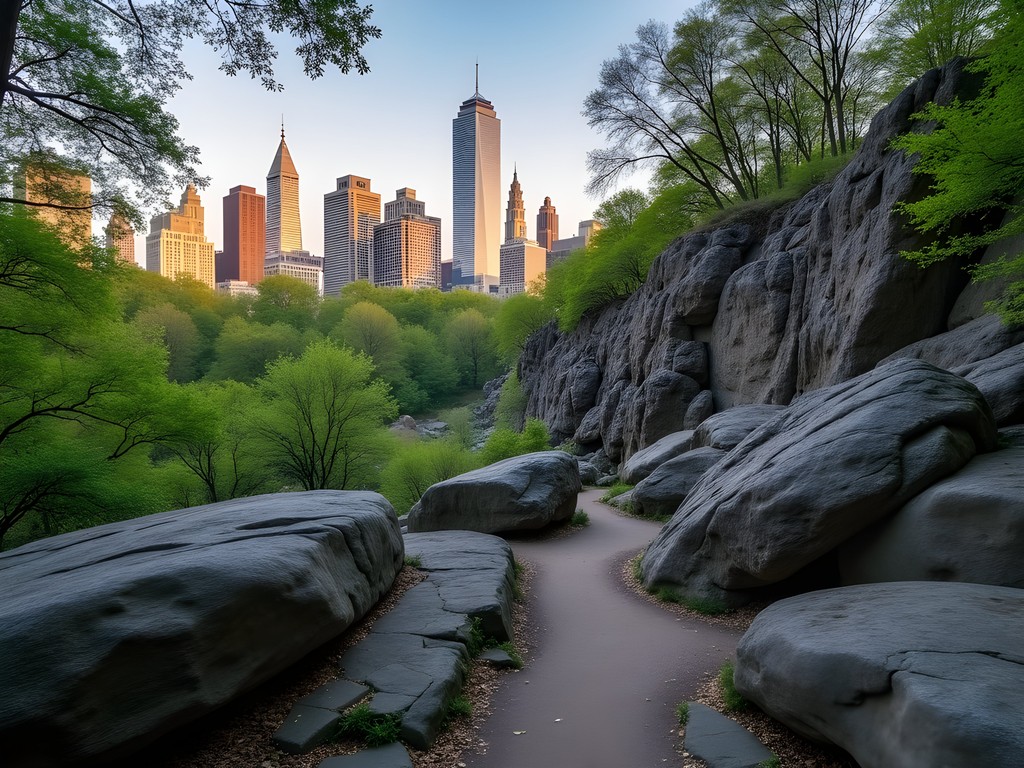 Manhattan schist rock outcropping in Central Park with NYC skyline