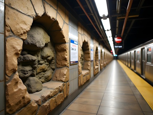 Robert Garcia examining geological features in NYC subway station