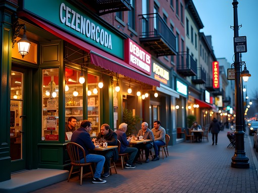 Vibrant evening street scene in Newark's Portuguese Ironbound district with restaurants and shops