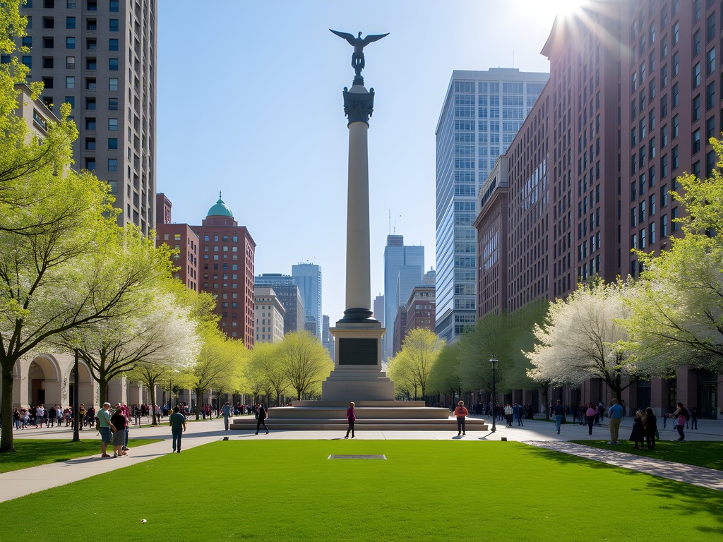 Revitalized Military Park in downtown Newark with cherry blossoms and the Wars of America monument