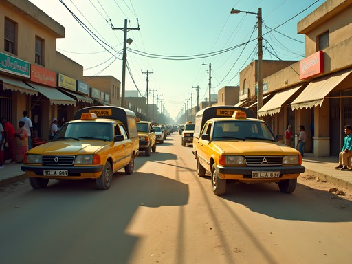 Yellow shared taxis on a busy street in downtown Nouakchott