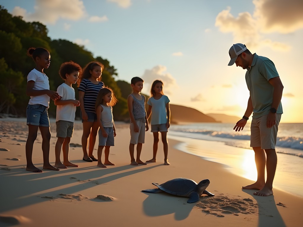 Family observing sea turtle conservation efforts on a Barbados beach