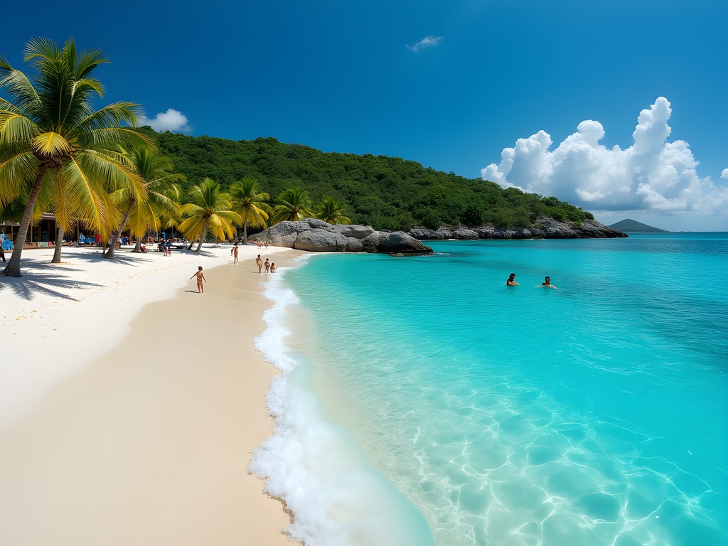Miami Beach in Oistins with calm turquoise waters and palm trees