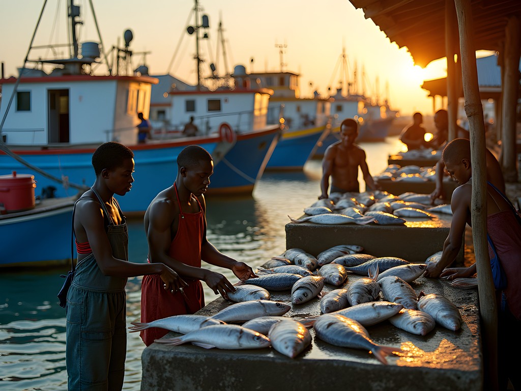 Early morning activity at Oistins Fish Market with fishermen and fresh catch