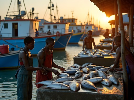 Early morning activity at Oistins Fish Market with fishermen and fresh catch