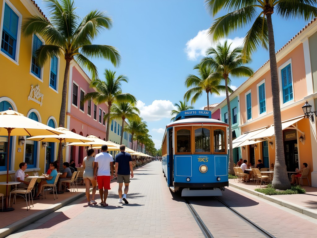 Colorful electric trolley on Caya G.F. Betico Croes with shopping promenade