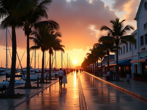 Sunset view of Oranjestad harbor from Havenstraat with boats and colonial buildings