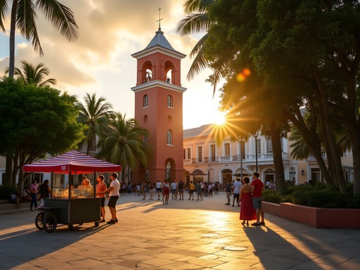 Evening atmosphere at Plaza Daniel Leo with Willem III Tower and local vendors