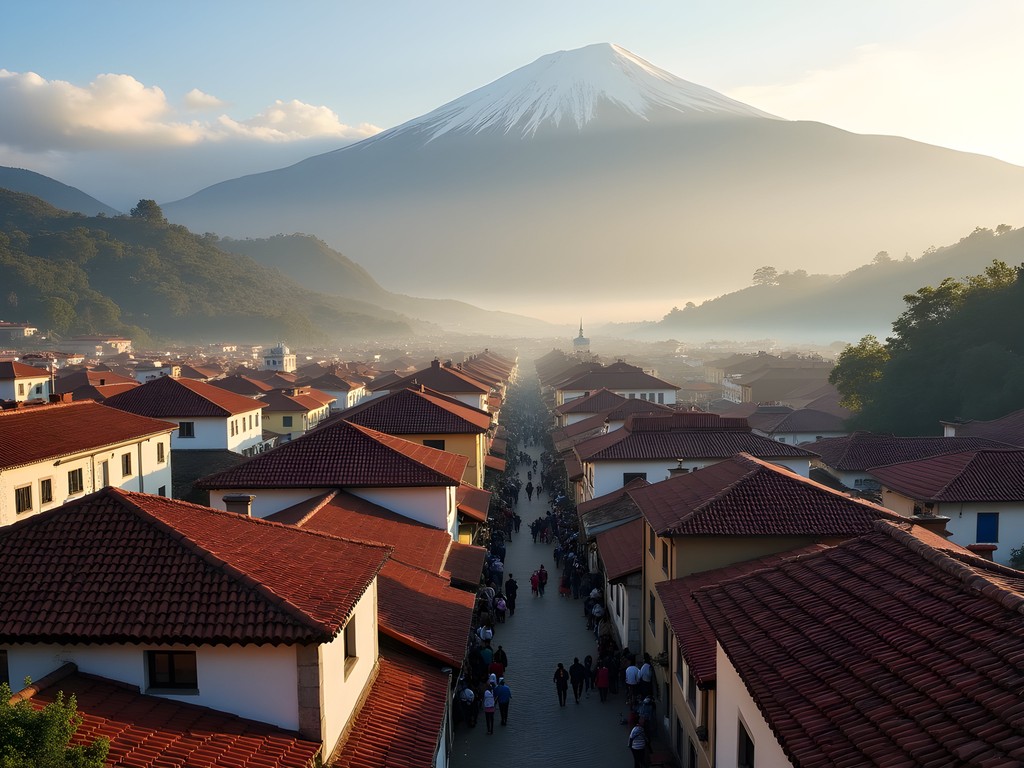 Panoramic view of Otavalo town with Imbabura volcano in background at morning light