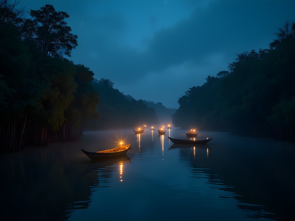Serene night scene of boats on Iwahig River during firefly watching tour in Puerto Princesa