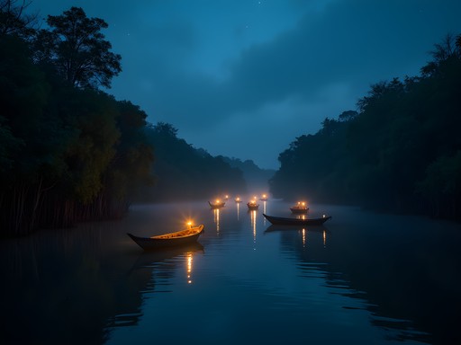 Serene night scene of boats on Iwahig River during firefly watching tour in Puerto Princesa