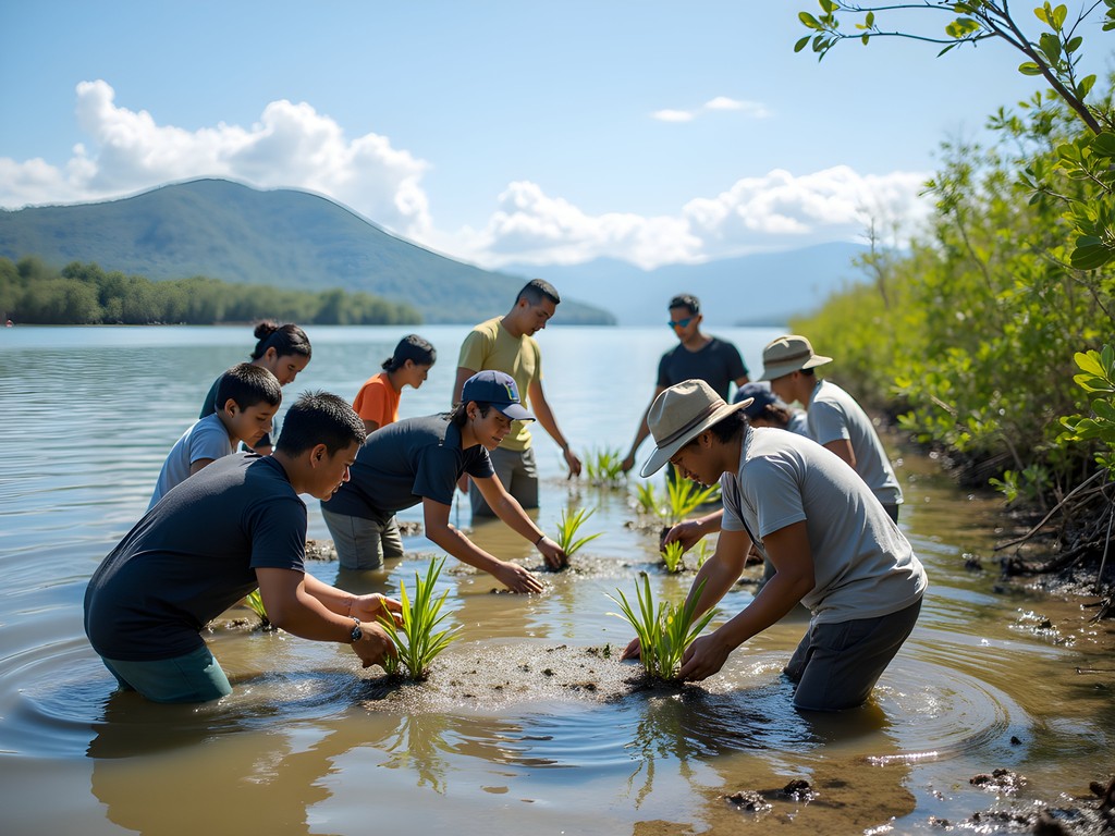 Community mangrove reforestation project in Puerto Princesa Bay with volunteers planting seedlings