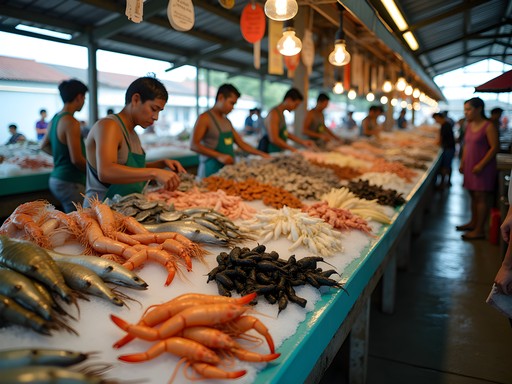 Fresh seafood display at Puerto Princesa Public Market with local vendors and customers