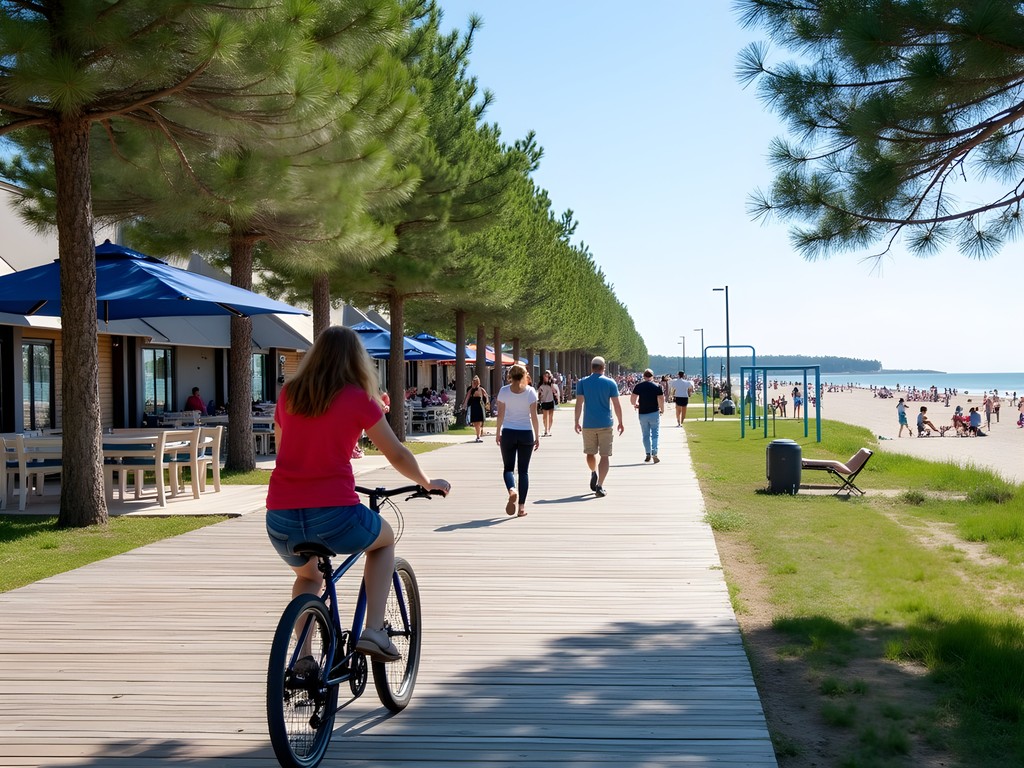 Pärnu beach promenade with families biking, walking and enjoying outdoor activities