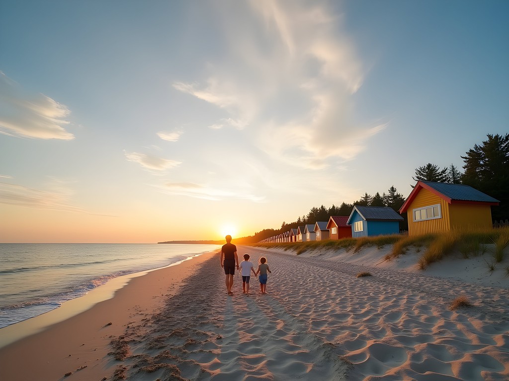 Families enjoying sunset on Pärnu's wide sandy beach with colorful beach houses in background