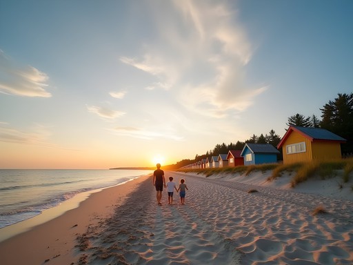 Families enjoying sunset on Pärnu's wide sandy beach with colorful beach houses in background