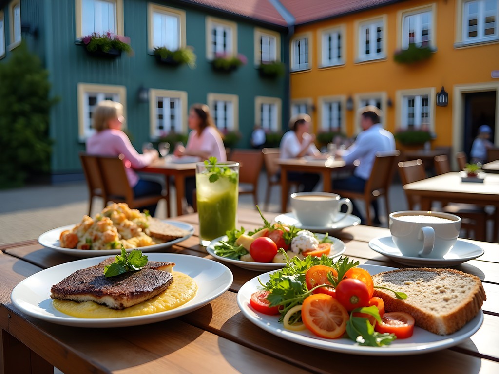 Estonian family enjoying traditional food at outdoor café in Pärnu