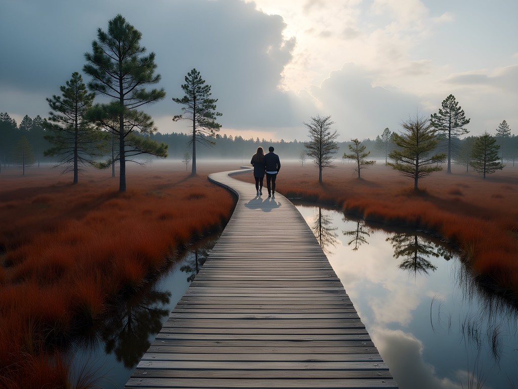 Family walking on wooden boardwalk through Soomaa National Park bog landscape