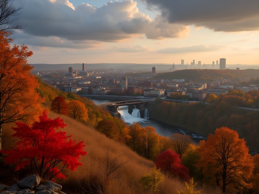 Autumn view from Garrett Mountain showing Paterson city with fall foliage and Manhattan skyline in distance