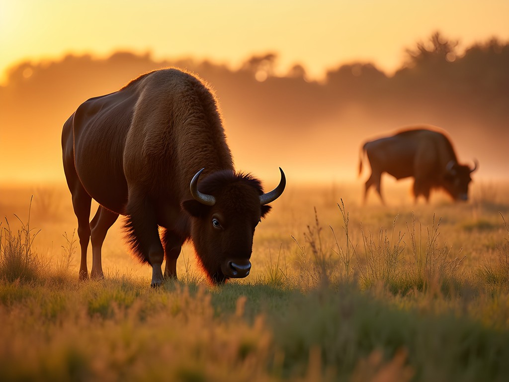 Bison grazing in tallgrass prairie at Wildlife Prairie Park near Peoria