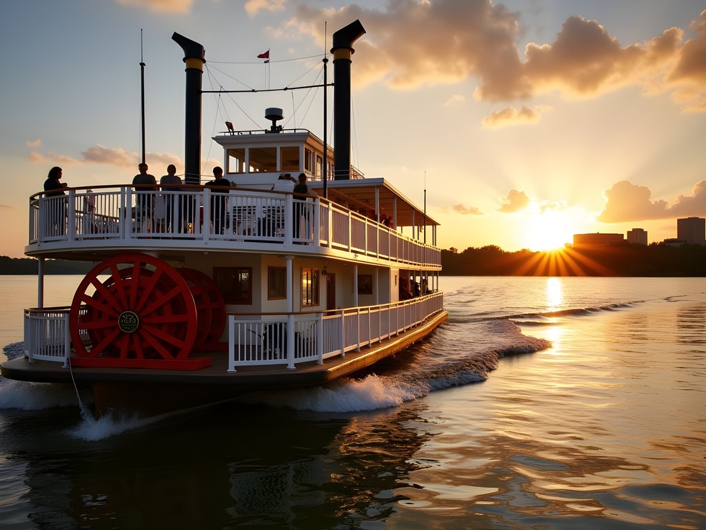 Spirit of Peoria paddleboat on Illinois River at sunset
