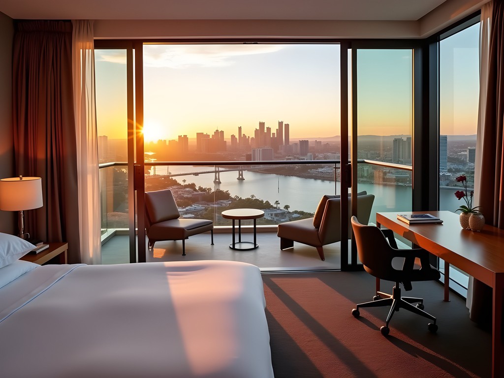 Hotel room balcony view overlooking Perth's Swan River at sunset