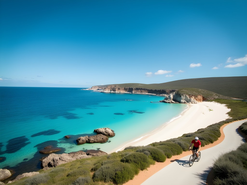 Person cycling along pristine coastline on Rottnest Island with turquoise waters