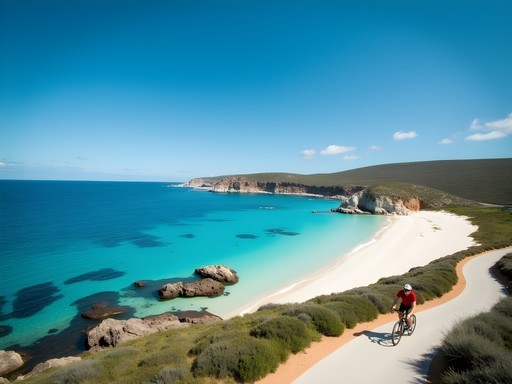 Person cycling along pristine coastline on Rottnest Island with turquoise waters