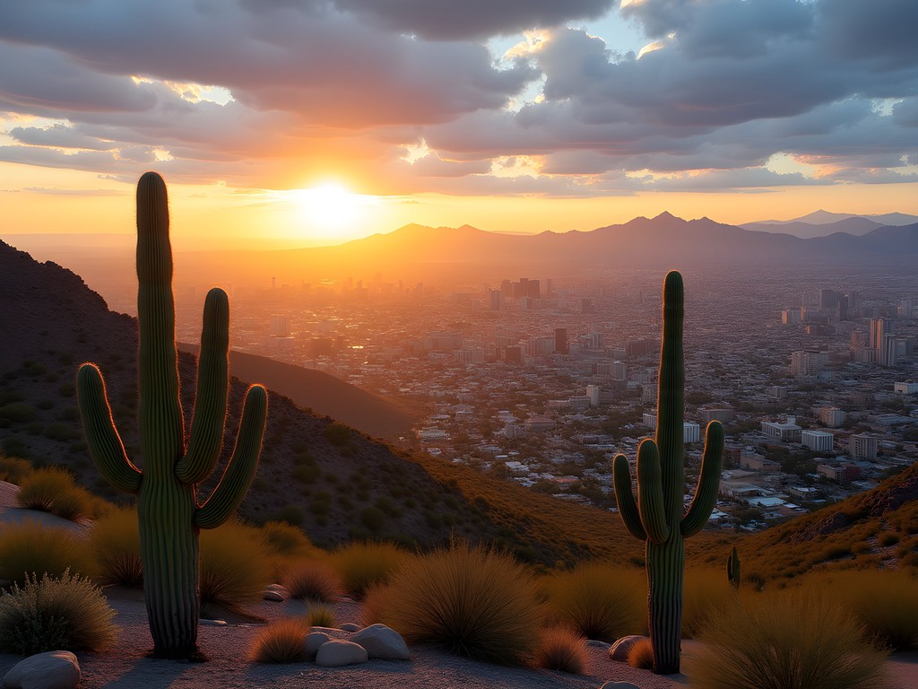 Sunrise view from Camelback Mountain overlooking Phoenix cityscape