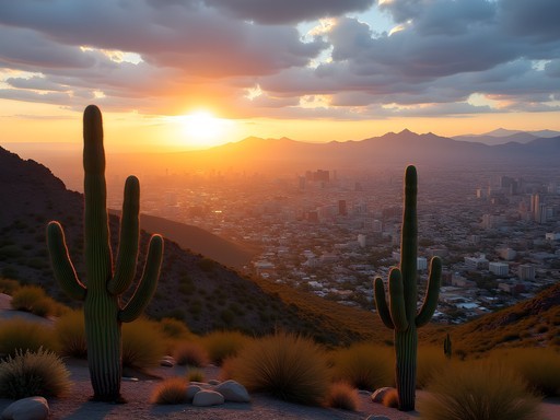 Sunrise view from Camelback Mountain overlooking Phoenix cityscape