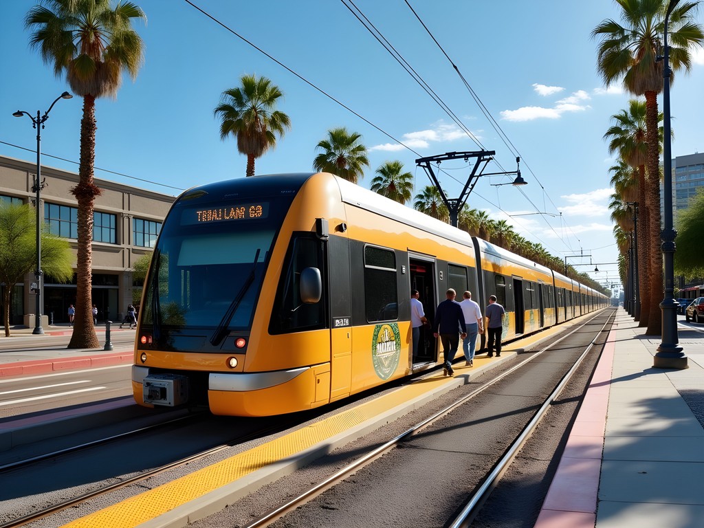 Phoenix Light Rail train moving through downtown with sustainable transportation options