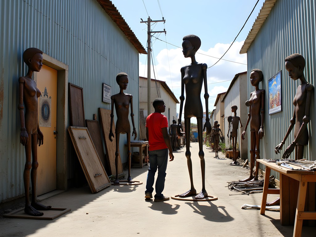 Artists creating large sculptures from recycled materials in Grand Rue arts district