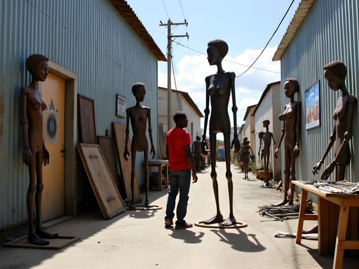 Artists creating large sculptures from recycled materials in Grand Rue arts district