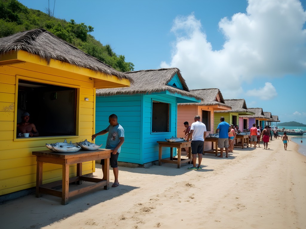 Colorful wooden fish shacks at Hellshire Beach in Portmore with local vendors preparing fresh seafood