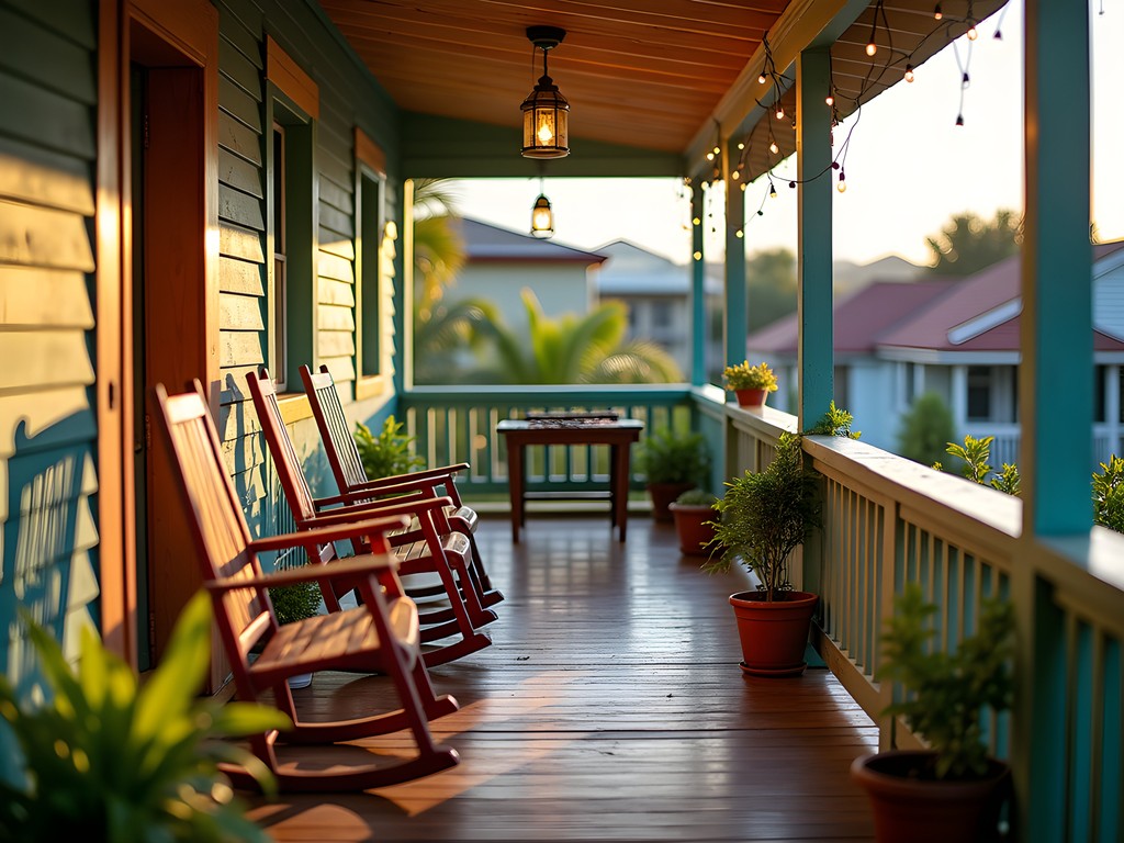 Colorful veranda of a Jamaican guesthouse with rocking chairs and tropical plants