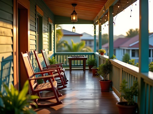 Colorful veranda of a Jamaican guesthouse with rocking chairs and tropical plants