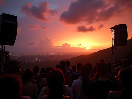 Sunset view from Kingston Dub Club with sound system and crowd silhouettes against orange sky