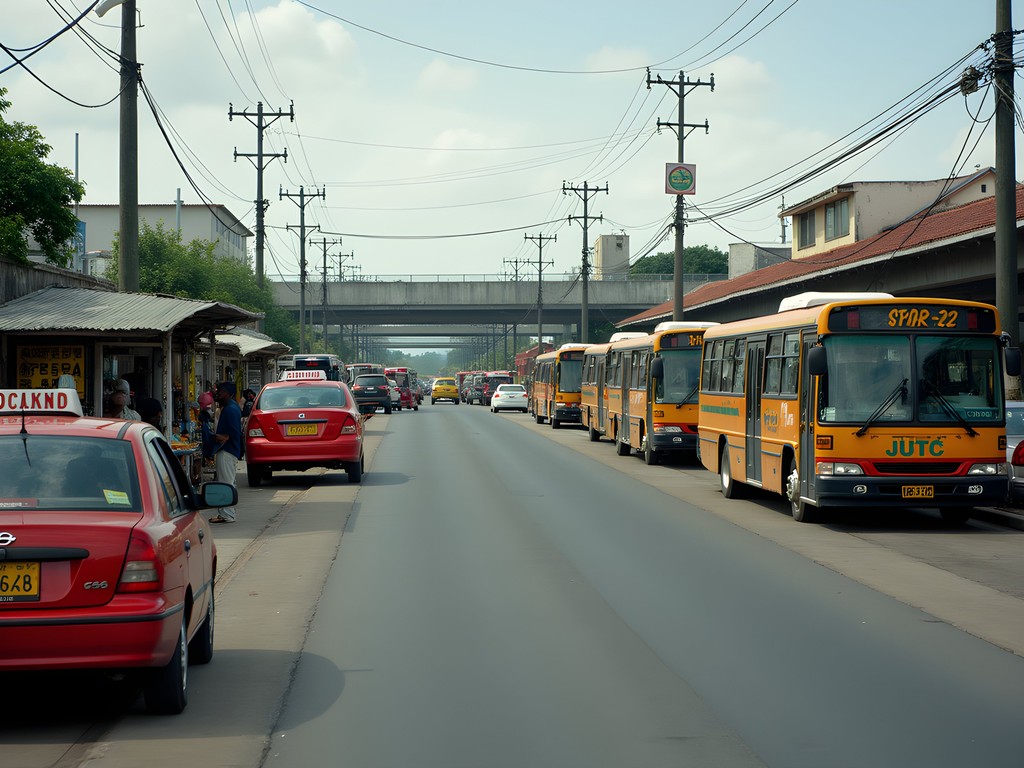 Half Way Tree transportation center in Kingston with buses, taxis and commuters during daytime