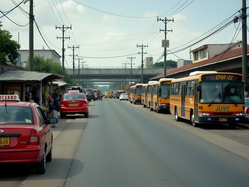Half Way Tree transportation center in Kingston with buses, taxis and commuters during daytime