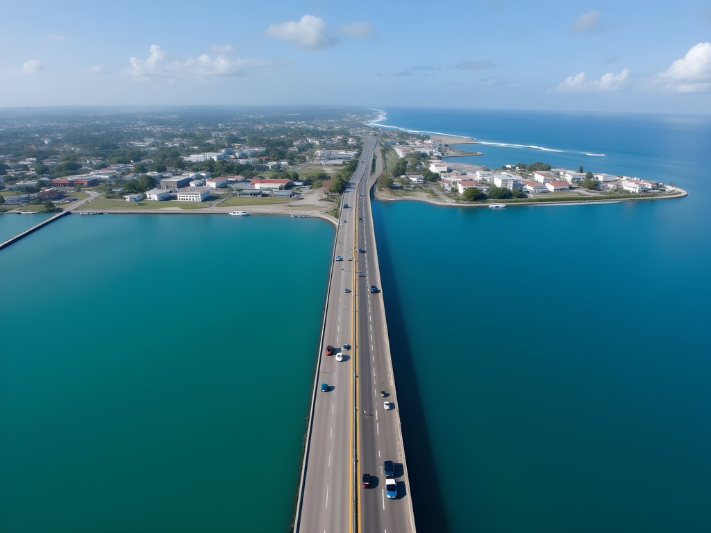 Aerial view of Portmore Causeway connecting Portmore and Kingston across Kingston Harbour